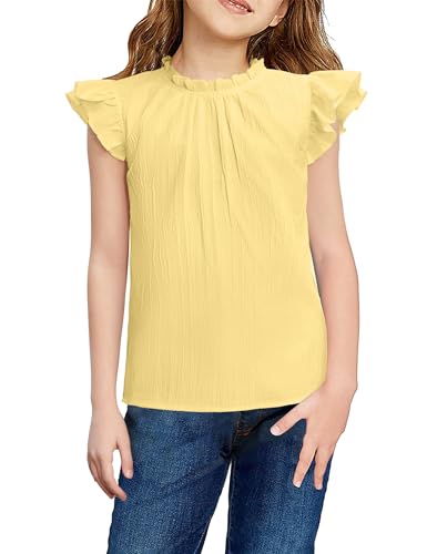 Image of Arshiner Girls Ruffle Short Sleeve Shirts Cute Summer Frill Neck Pleated Textured Blouse Tops