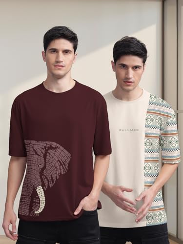 Image of BULLMER Trendy Front and Back Printed Oversized Round Neck T-Shirt for Men - Pack of 2