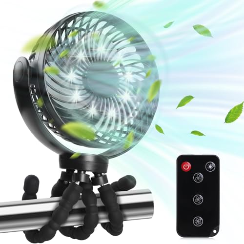 Hianjoo Wentylator do wózka dziecięcego z diodami LED, lekki, 10 000 mAh, mały wentylator biurkowy, wentylator kempingowy, obrót o 360°, przenośny, do wielokrotnego ładowania, do namiotu, domu, biura
