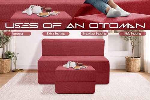 Image of Rosebell Foldable Sofa-Cum-Bed with Ottoman | 3-in-One Foldable Sofa, Lounger & Bed-3x6 Feet One Seater- Perfect for Home & Office -Red-Color