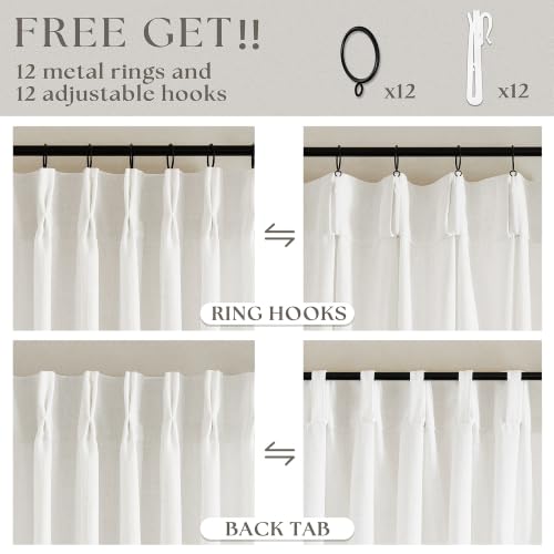 Image of 60 Inch Width Curtains 92 Inches Long Linen Pinch Pleated Curtains for Living Room Bedroom Semi Sheer Back Tab Hooks Rings Extra Wide Pinch Pleat Drapes for Patio Glass Door Beige White 1 Panel