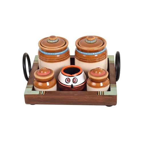 Image of AAKRITI ART CREATIONS Wooden Tray with Ceramic Spice Jars | Handcrafted Abstract Art Kitchen & Dining Storage Set | Kitchen Tray Organiser for Housewarming Gifts | Decoration Items Stylish