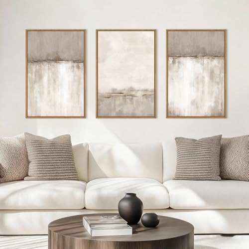 Image of KAIRNE Large Neutral Gray Framed Canvas Wall Art Set, Abstract Duotone Gray Tan Wall Decor, Neutral Watercolor Shape Wall Pinting, Modern Landscape Art Print for Living Room,Bedroom,Office-16 x24 x3