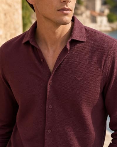 Image of Nobero Textured Popcorn Shirt for Men | Cotton Shirts for Men in 280 GSM Popcorn Knit | Stand Collar | Regular Fit | Full Sleeve