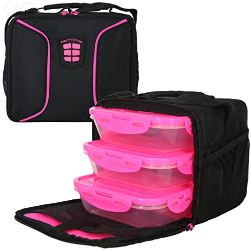 Motivator Cube Meal Prep Lunch Bag With 3 Bpa-Free, Reusable, Microwavable, Freezer Safe, Portion-Controlled Containers, Lunch Box With Storage Pockets (Black/Pink) #TOP26