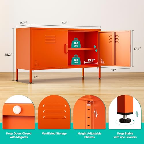 SISESOL Orange Metal Storage Cabinet with Doors and Shelves,2 Door Wide Metal Locker Accent Storage Cabinet with Leg & Vent Hole,Wide TV Cabinets,Low Side Cupboard for Home,Office,Dining/Living Room - Thumbnail 2