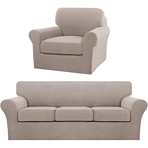 Turquoize 4 Pieces Sofa Covers for 3 Individual Cushion Couch Sofa Slipcover Bundle 2 Pieces Chair Slipcover, Sand