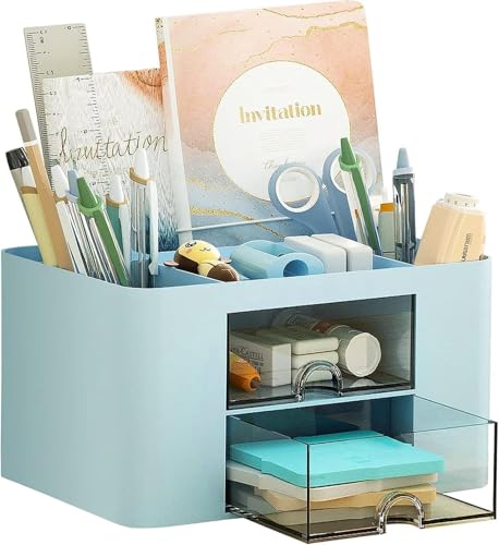 Image of Recluse Desk Organiser with Drawer, Pen Holder, Desk Organiser, Office Supplies Organiser with 5 Compartments & 2 Drawers for Children, Desk Accessories, Storage Box (Blue)
