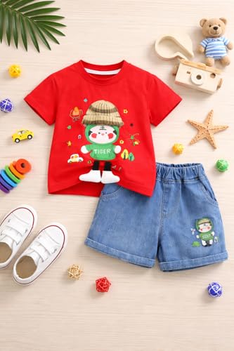 Image of Bold N Elegant Kids Half Sleeve 3D Cartoon Tiger Cotton T-Shirt with Denim Shorts Summer CLothing Set for Infant Toddler Preschool Boys n Girls | Cook Outfit For Kids