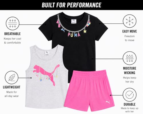 Image of PUMA Girls Active Shorts Set - 3 Piece Performance T-Shirt, Tank Top, Gym Shorts - Summer Athletic Outfit for Girls (7-14)