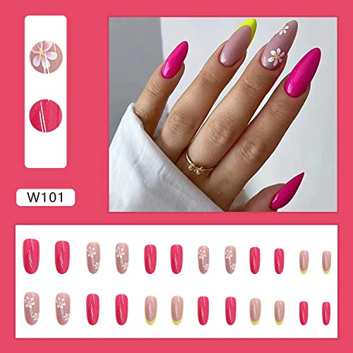 Flower Press On Nails Almond, Medium Length Fake Nails Summer Fresh Floral Press On Nails Acrylic Ballet Pink White Self-Adhesive False Nails Press On Nails Manicure Tips For Women, 24Pcs (Style4) #TOP1