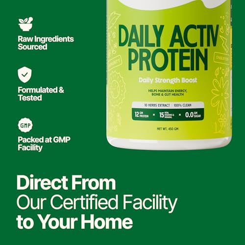 Image of MYHERB Daily Active |36gm Protein (Whey+Pea Protein)|Stamina Supporting Hebrs Tulsi,Amla & 8 Herbs|Supports Everyday Nutrition,Bone Health & Immunity (450 g (Pack of 1), Chocolate)