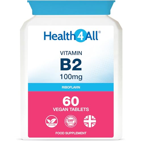 Health4All Vitamin B2 Riboflavin 100mg 60 Tablets - Energy, Stress and Migraine Support, Contributes to Reduction of Tiredness & Fatigue, Vegan, Gluten-Free VitB2 Supplement | Made in UK