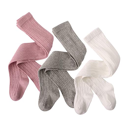 Winmida Baby Girl Tights 3 Pack Toddlers Cable Knit Leggings Kids Cotton Pantyhose for boys and girls (medium(12-24 months), multi-light(grey+white+pink))