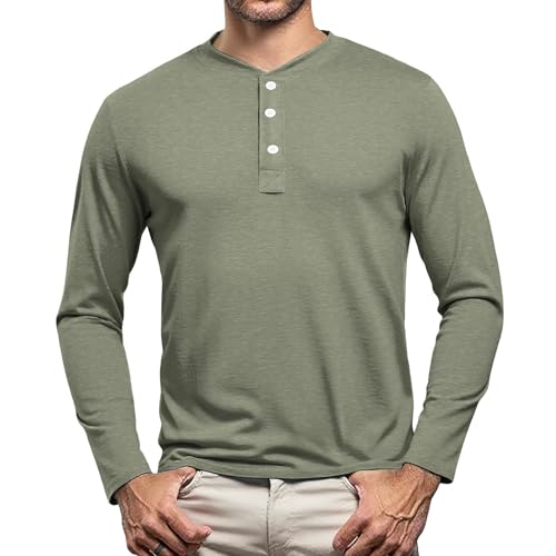 Volemo Camiseta Henley Hombre T Shirt Botones Camisetas Algodon Camisa Casual Camisas Manga Larga Verde L