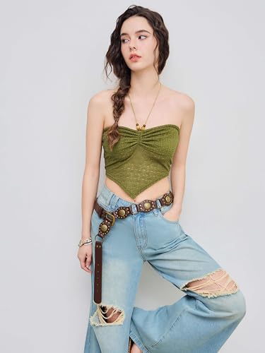 CIDER Halter Tops for Women Crochet Boho Backless Ruched Tie Back Vacation Beach Tank Crop Tops3