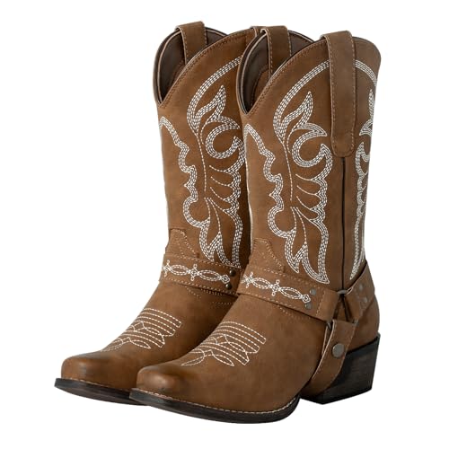 J's.o.l.e Women's Square Toe Western Cowgirl Cowboy Boots Wide Calf Rodeo Riding Boots with Removable Harness