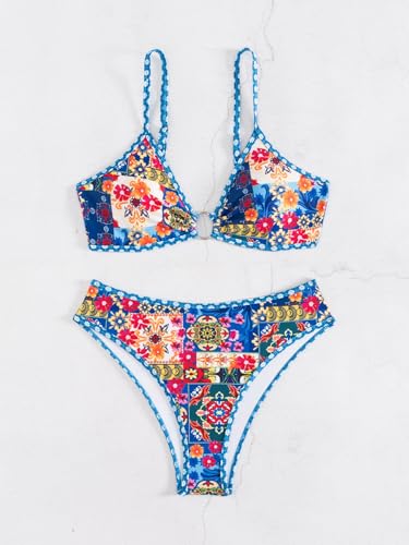 Image of Fanuerg Women's Triangle Bikini Sets O Ring Linked Two Piece Swimsuits Floral Printed Cheeky Bathing Suit