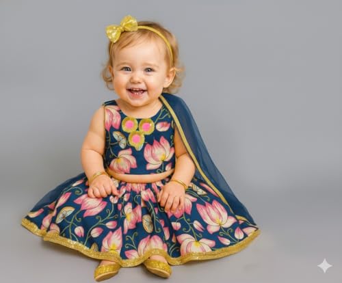 Image of A.T.U.N. (ALL THINGS UBER NICE) Baby Girls Cotton Ethnic Floral Lehenga Choli Set with Lace & Dupatta | Traditional 3-Piece Festive Outfit for Kids