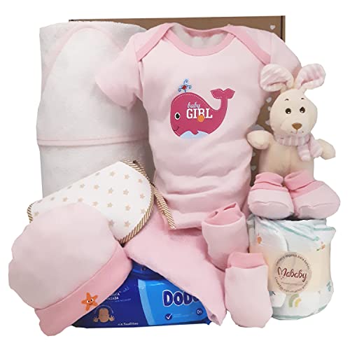 Mababyshop Mi Momento, Canastilla Para Bebé Recien Nacido, Cesta Regalo Bebé con Set de Primera Puesta, Toalla con Capucha de Algodon, Pañales, Babero y Peluche en Caja De Regalo Bienvenida (Rosa)