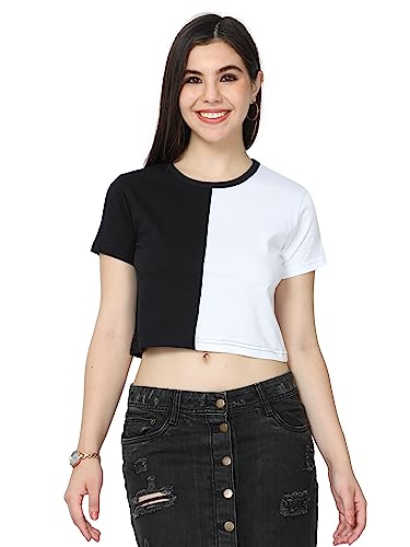 Image of FLEXIMAA Women's Cotton Plain Round Neck Half Sleeve Crop Top
