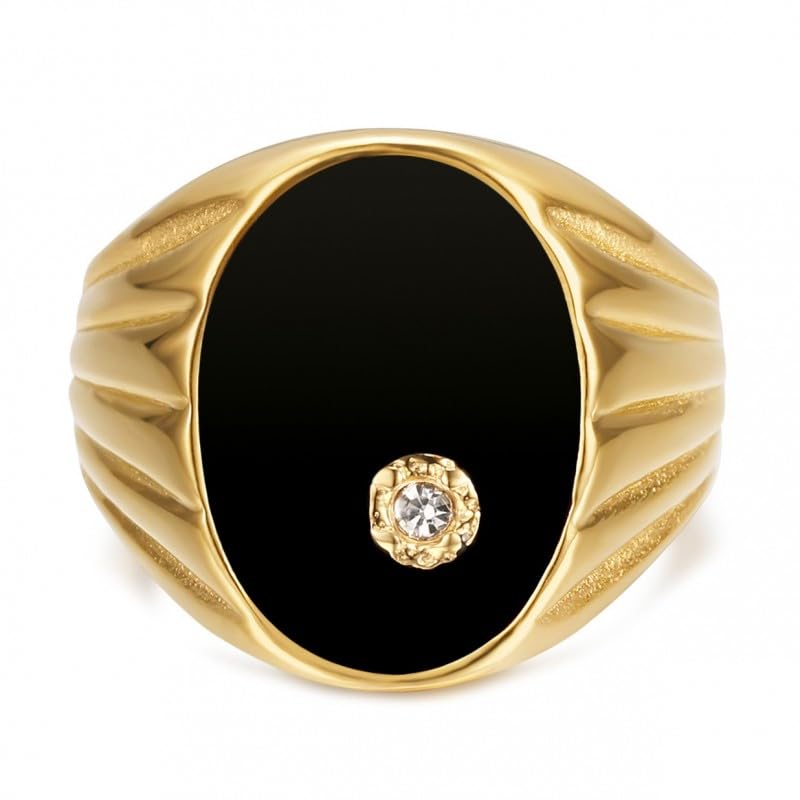 BOBIJOO Jewelry - Bague Chevalière Homme Ovale Onyx Noir Diamant 20mm Acier Inoxydable Or Doré...