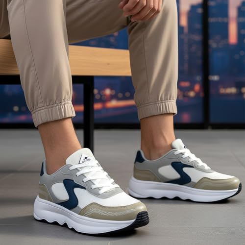 Image of BRUTON Men's MOTION-609 Casual Stylish Beige Sneakers | Lightweight Lace-Up Shoes | Cushioned Walking, College, Travel & Everyday Casual Footwear
