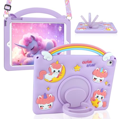 HianDier for iPad 5th/6th Generation Case, for iPad Air 1st/2nd Gen, for iPad Pro 9.7 Inch Case Kids Girls Cute Unicorn with Rainbow Handle Detachable Lanyard Shockproof Protective Cover-Purple