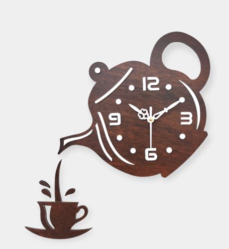 Image of cozyloom Tea Time Theme Creative Wooden Wall Clock | Teapot & Cup Cutout Design | Elegant Kitchen Decor & Gift | Dark Brown.