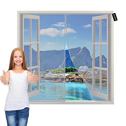 Fly Screen for Windows Grey 60x90cm Anti Mosquito Mesh Curtain with Powerful Magnets Seal Automatically Insect Protection Door No Gap Keep Fresh Air in & Let Bugs Out