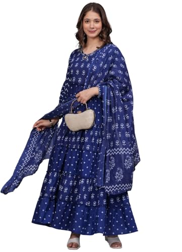 Image of Amayra Women's Pure Cotton Printed Anarkali Kurta Set with Palazzo Pants & Dupatta- Ethnic Wear