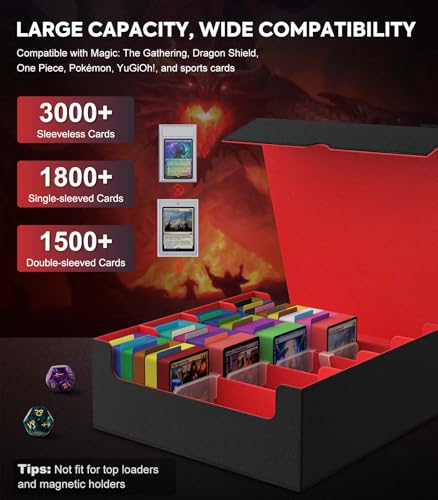 Image of MoKo Trading Card Storage Box, 3000+ MTG Deck Box with 24 Colorful Dividers & 4 Card Supporters, Commander Card Deck Case Fits for Magic Game Cards, YugiOh, TCG, PTG and Sport Cards, Black Red
