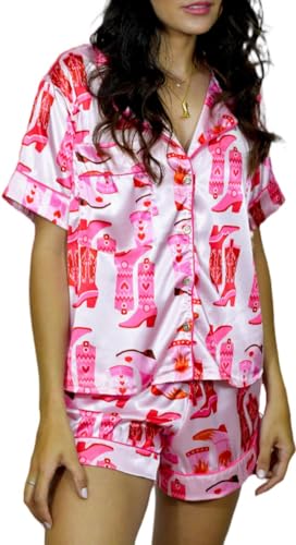 Image of Yiulangde Cowboys Boot Pajamas for Women Y2k 2 Piece Heart Bow Preppy Pjs Coquette Short Sleeve Shirts Matching Pj Shorts Set