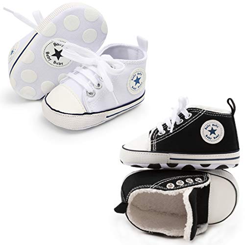 Image of KIDSUN Unisex Baby Boys Girls High Top Sneaker Soft Anti-Slip Sole Newborn Infant First Walkers Canvas Denim Shoes