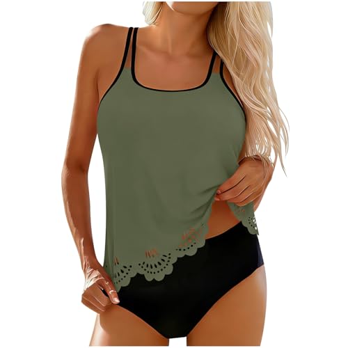 Bañador Pecho Grande,Tankini,Baño Acolchado De Verano,Elegante Baño Deportivo,Top De Tankini De Talla Grande con Braguita Bañador Que Se Deshace En El Agua(Armeegrün,S)