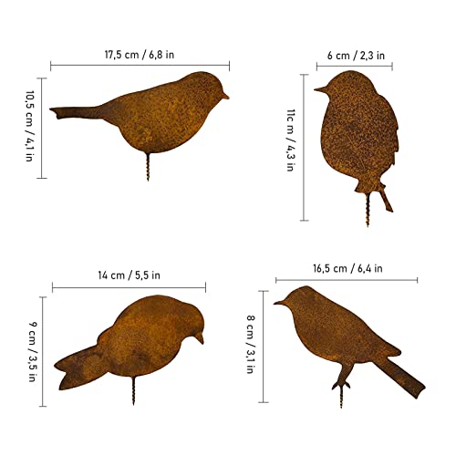 NUWIQ Rost Vögel, Rost Deko, 4 Edelrost Vögel mit Schraube,Geeignet für Garten, Zäune, Innendekoration