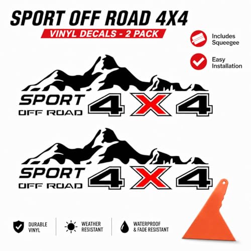 Image of 4x4 Off Road Sport Truck Decal Stickers 2PCS - Premium Vinyl Side Graphics for Pickup Bed - Compatible with Tacoma, Tundra, F150, RAM, Wrangler - Black & Red - Includes Squeegee (Mountain Sport)