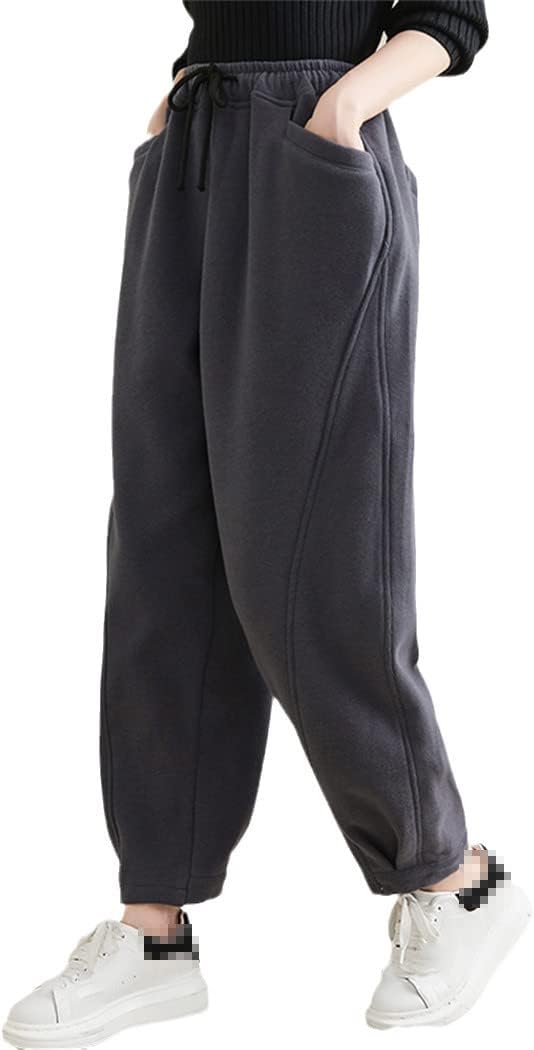 KEHAIOO Winter Warm Fleece Thick Oversize Loose Casual Trouser Women Solid Color Elastic Waist Sweatpants