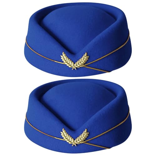 ZUYYON 2 Pcs Women Flight Attendant Hat Woolen Air Stewardess Cap Stewardess Uniform Plane Cap Cosplay Costume Accessories (Royal Blue)