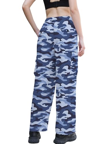 Image of Betusline Girls & Women's High Waist Wide Leg Cargo Pants Y2K Parachute Pants with Pockets and Drawstring 6 Years-Women 2XL