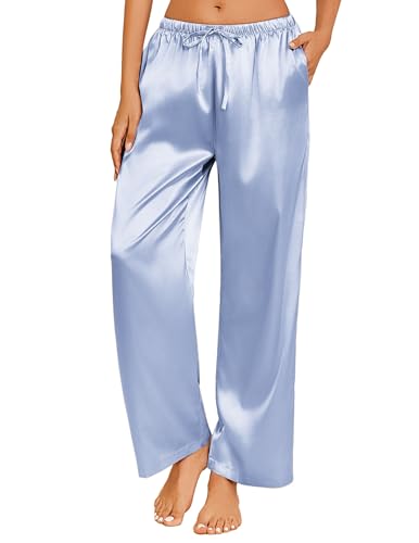 Image of Ekouaer Womens Silk Satin Pajama Lounge Pants Sleep Pj Bottoms with Pockets | Silky,Loose Wide Leg,Drawstring Elastic Waist,Casual,Loose,Elegant