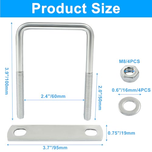 Image of 2 Stainless Steel Square U-Bolts, Inner Width 2.4 inch(60mm), Length 3.9 inch(100mm), M8 304 Stainless Steel with Frame Plates and Nuts for Light Industry, Metallurgy, Construction, Shipping