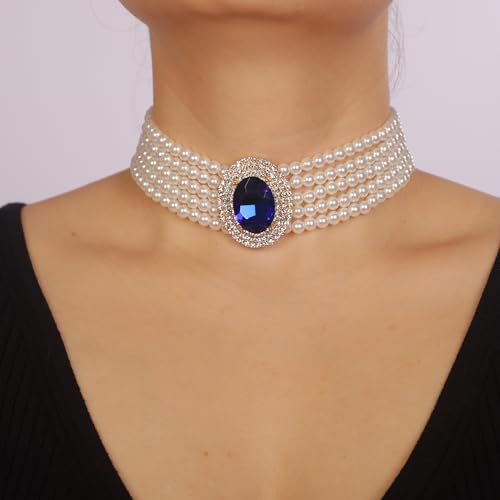 Women Multilayer 1920s Green Blue Silver Rhinestone Necklaces Dainty Pearls Layered Choker Necklaces Fashion Chunky Pearls Pendant Multilayer Adjustable Layering Necklaces for Women2