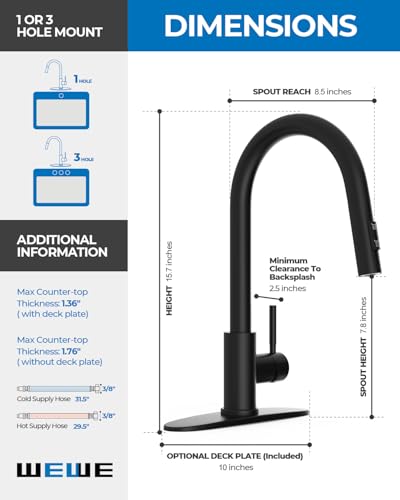 Image of WEWE Kitchen Faucet with Pull Down Sprayer, Matte Black SUS304 Stainless Steel Kitchen Sink Faucets, High Arc Single Handle Faucet for Kitchen Sink, Commercial Modern Farmhouse RV Utility Faucet