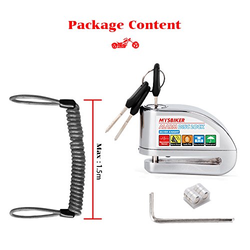MYSBIKER Motorcycle Alarm Disc Brake Lock, Anti Theft Motorcycle Wheel Padlock with 2m Reminder Cable 110db Alarm Sound Zinc Alloy Process for 6 mm Motorcycles Bicycles Scooter Honda Yamaha Harley - Thumbnail 2