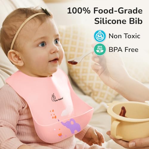 Image of R for Rabbit Safari Silicone Bib for Baby Food Feeding BPA Free, Adjustable Straps Waterproof Built-in Food Pocket Mess Free Ideal for Babies 6 to 36 Months