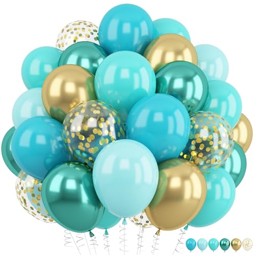 Froova Teal Balloons 60PCS 12 Inch Teal Blue Turquoise Meatallic Green and Gold Confetti Balloon for Teen Girls Birthday Baby Shower Graduation New Year Party Decorations