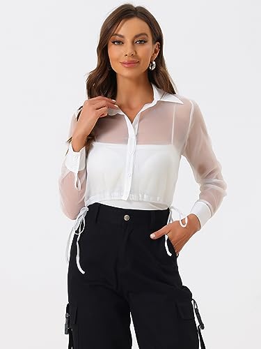 Allegra K Women's See Through Top Long Sleeve Drawstring Hem Button Down Cropped Mesh Sheer Jacket3