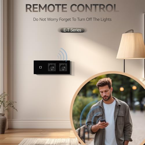 BSEED Smart Touch Lichtschalter,Glas Schalter Unterputz,Wandlichtschalter mit LED Hintergrundbeleuchtung,Neu E-Serie,16A 250V,1 Fach 1 Weg + 2 Steckdose,228mm Schwarz