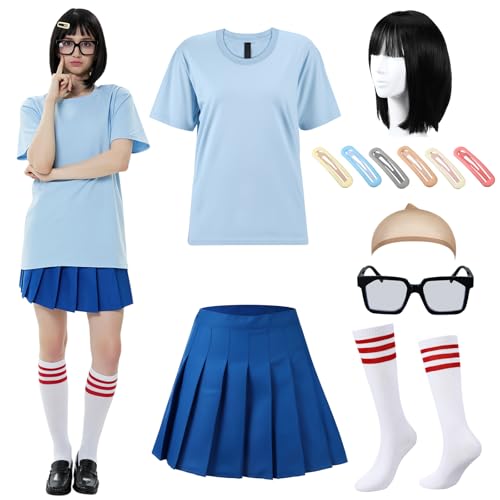 Mepase 7 Pcs Halloween Nerd Costume for Women Includes Black Bob Wigs Blue Top Short Skirts Glasses Socks Hair Clips (Large)